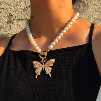 Nové Módne Veľká Perla Motýľ Drahokamu Náhrdelník Dámy Titánové Ocele Náhrdelník Žien Strany Hot Predaj Šperkov Dary