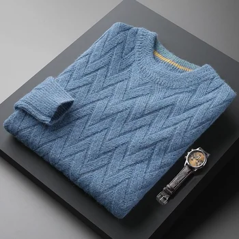 koniec módne žakárové vody zvlnenie Vysoká kola krku sveter pre mužov v zime pribrala pohodlné knitwear bežné teplý pulóver