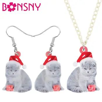Bonsny Akryl Vianočné Hat Škótskej Násobne Mačky Sady Šperkov Náhrdelník Náušnice Zvierat Šperky Pre Ženy, Dievčatá Teens Charms Darček