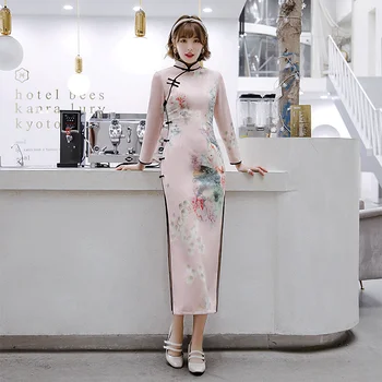 Ženy Tlač Semiš Cheongsam Jeseň Zima Vintage Čínskej Strany Šaty Elegantné Slim Qipao Novinka Dlho Orientálne Šaty M-XXXXL