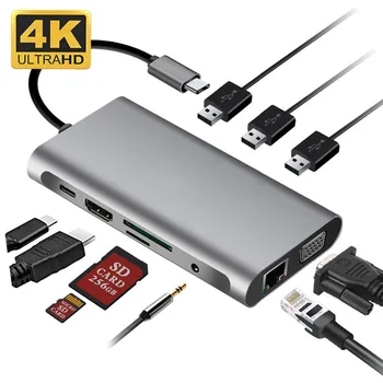 USB 3.0 Viacportová Hub Adaptér 10 V 1 Typ C kompatibilný s HDMI VGA PD USB Hub Dropshipping Veľkoobchod Rozbočovač USB Príslušenstvo
