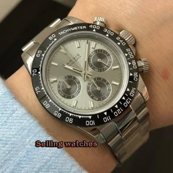 39 mm PARNIS šedá dial sapphire crystal pevné plný quartz Chronograf pánske hodinky