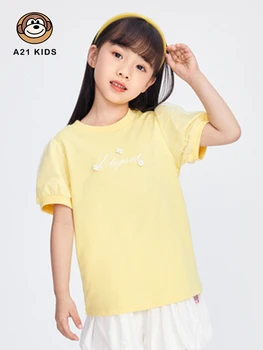 A21 Dievčatá Pletenie T-shirts pre Letné 2022 Deti Oblečenie Móda Bežné Krátke Rukávy Tees Detí Voľné Písmeno Tlačených Topy