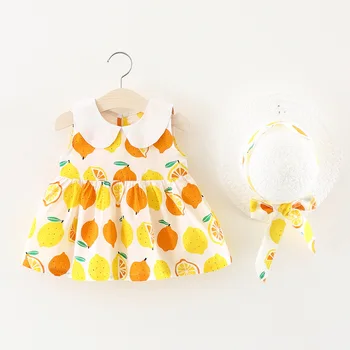 Nové Módne Baby Girl Šaty Kórejská Verzia Oblečenie Roztomilý Nastavenie Strany Dieťa Luk Klobúk Bez Rukávov Sladký Citrón Tlač Šaty