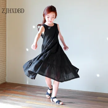 2020 Nové Letné kórejský detské Oblečenie Dievčatá Plážové Šaty Veľkoobchod detské Vesta bez Rukávov Dlhé Deti Zdobiť Solid Black