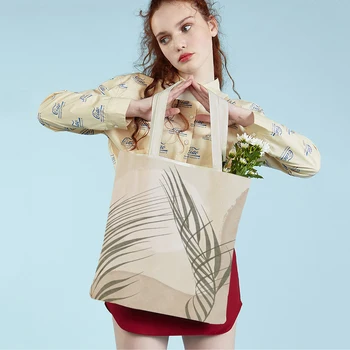 Príroda Bambusových listov Slnko Vták Abstraktné Nordic Shopper Taška Dvojité Tlač Ženy Kabelka Tote Bežné Plátno Lady Nákupné Tašky