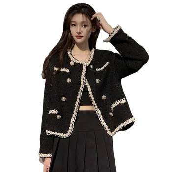 Jeseň Ročníka Black Dvojité Breasted Tweed Ostrihané Bunda Ženy Kórejský Dlhý Rukáv Fringe Kabát Elegantné Módne Voľné Vrchné Oblečenie