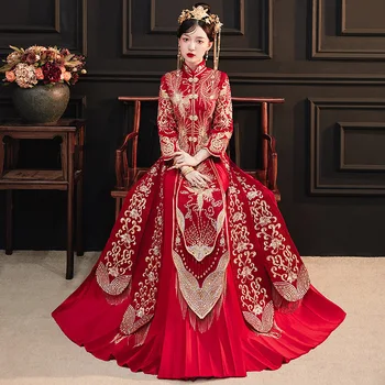 Čínske Ženy, Svadobné Šaty 5XL Cheongsam Čínsky Štýl Manželstva Nastaviť Suzhou Výšivky Nevesta Kostým Vintage Oblečenie Toast