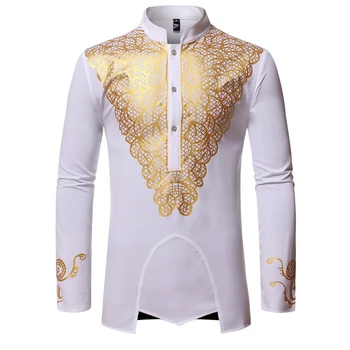 Luxusné Kovové Zlato Tlač Afriky Muž Oblečenie Oblečenie Biele Pánske Svadobné Šaty, Košele Nehru Golier Košele