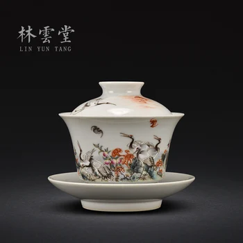 ručne maľované žeriav dlhovekosť broskyňa prášok troch talentovaných kryt misy Jingdezhen ručne vyrobený keramický Kung Fu čajové misky