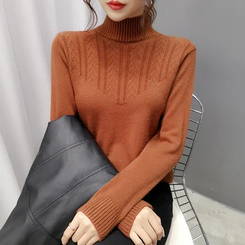 2020 nové žien pulóver krátke sveter Tenké pol-vysoký golier farbou dlhým rukávom pletené klesnutie tričko pre ženy