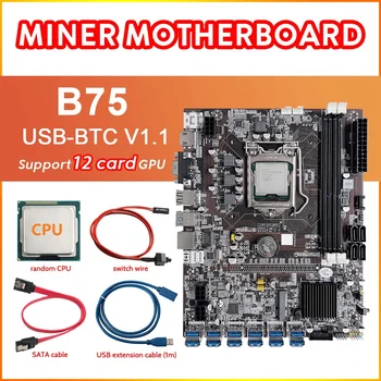 B75 12 Karta BTC Ťažba Doska+CPU+Predlžovací Kábel USB+SATA Kábel+Switch Kábel 12XUSB3.0 Slot pre LGA1155 pamäte DDR3 RAM MSATA