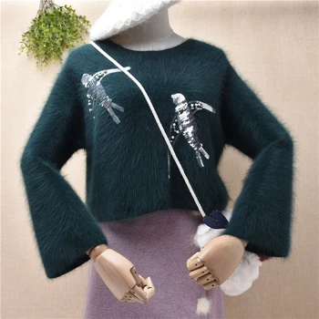 ženské ženy chlpaté plyšové angorského kožušiny pletené roztomilý vták flitrami plodín top pulóver jeseň zima jumper sveter vytiahnuť topy