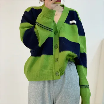 Vintage Pletené Vesty Ženy Sveter tvaru Tlačidlo nahor Voľné Zelené Pruhovaný Všetkých-zápas Outwear Ulzzang Jeseň Zima Ženy Kabát