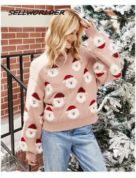 Ženy dlhý Rukáv Jeseň Zima Vianoce Pletený sveter ženy Pulóver Elegantné Dámy Sveter O-neck Fashion Vianočné Svetre 