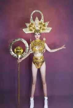 Sexy ženy, gogo nočný klub bar stage show nosiť Zlaté Slnko bohyne cosplay kostým zlaté bikini pokrývku hlavy nastaviť